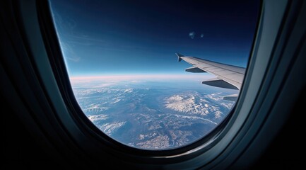 Airplane window view of mountains and sky