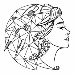 Hairstylist woman with scissors and comb  line art logo.