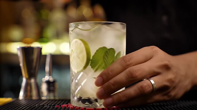 Bartender Gently Mixes Exquisite Caipirinha Cocktail with Lime and Ice in Crystal Glass a Refreshing Brazilian Summer Drink Served on a Stylish Bar Counter Suitable for National Day Celebration