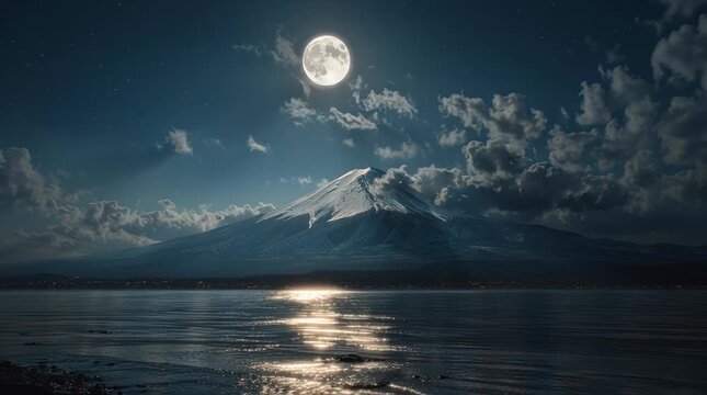 A hyper realistic cinematic nightscape of Mount Fuji illuminated by a giant full moon, moonlight shimmering across the snowy peak and lake