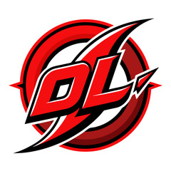 Dynamic Red Swirl "D" and "L" Badge with Slanted Typography and Curved Line Accent