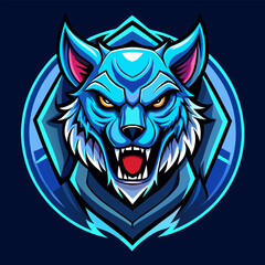 Animated Tech Animal Emblem in Glowing Blue with Aggressive Features and Sharp Lines