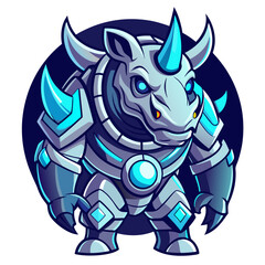 Cybernetic Rhino Mascot with Glowing Horn, Mechanical Plating, and Blue Gradients