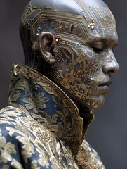 Obraz premium a regal renaissance nobleman with chrome-plated skin and glowing neural circuits etched across his face, ancient background merging with futuristic digital architecture, detailed fabric texture, 