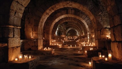 Candlelit Stone Tunnel - Ancient Arches and Warm Ambiance.