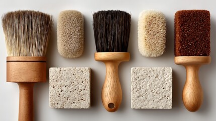 Assortment of Paintbrushes and Textured Blocks Arranged on a White Surface Overhead View