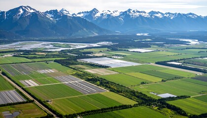 Aerial view of agricultural fields and mountains