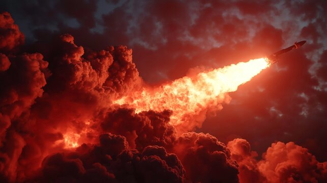 Rocket Launching Through Dark Cloudy Sky with Bright Fire Trail