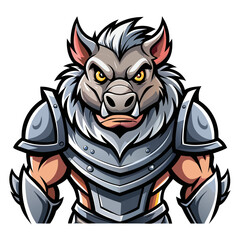 Rugged Wild Boar Mascot in Silver Armor with Glowing Accents and Sharp Fur Detailing