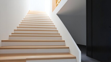 Modern wooden staircase leading upwards towards bright light