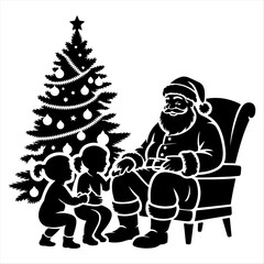 Santa Claus Sitting with Christmas Tree and White Background
