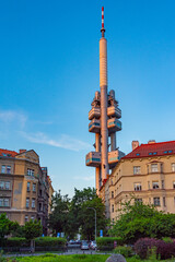 Obraz premium Sunset panorama view of Zizkov TV tower overlooking Prague, Czec