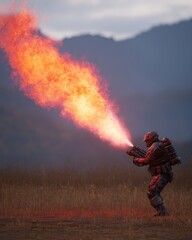 Obraz premium Futuristic Soldier Using Flame Thrower in Open Field Surrounded by Mountains at Dusk
