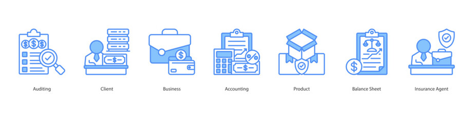 Auditing Service banner web icon set vector illustration concept with icon of auditing, client, business, accounting, product, balance sheet, insurance agent