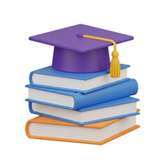 3d icon of stack of books with graduation cap isolated on transparent background