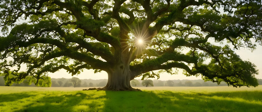 Tranquil oak tree in radiant sunlight, framed by open sky and fresh green grass in natural outdoor setting.
