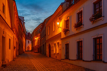 Sunset view of a colourful street at old town of Znojmo in Czech