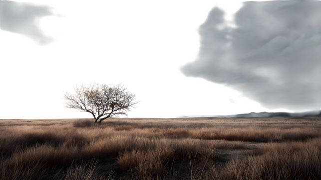 Lone Tree in Winter Field, isolated on transparent background