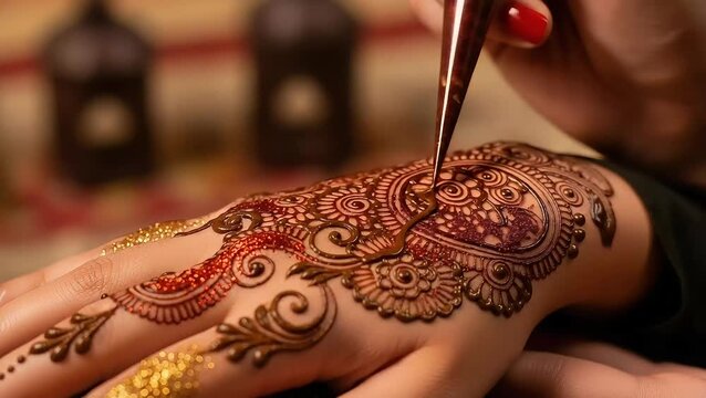 Close-up video of henna application on a woman's hand with intricate designs, cultural art form for celebration, traditional body art
