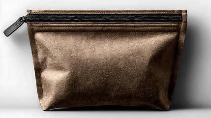 Brown pouch with black zipper and pull tab on white background product shot front view