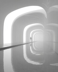 Fototapeta premium Ethereal Figure Walking in Minimalist Architectural Space with Reflections and Soft Light