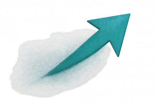 Teal arrow rising through white particle cloud, symbolizing upward movement and progressive development against transparent backdrop - Powered by Adobe