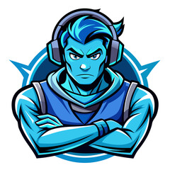 Blue-Glowing Gamer Mascot with Intense Forward Pose