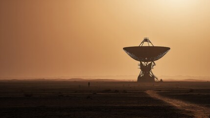 Golden Sunrise over Satellite Dish in Desert Landscape Silhouette with Dusty Horizon and Clear Sky