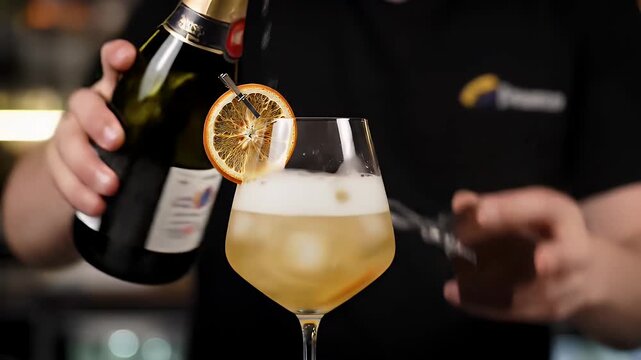 Close Up of a Bartender Skillfully Preparing an Aperol Spritz Pouring Champagne into a Wine Glass with Ice Cubes Garnished with an Orange Slice on National Aperol Spritz Day Suitable for Food Ads - Powered by Adobe