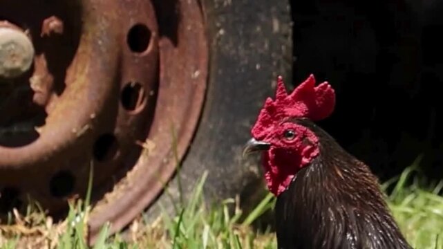 Black Rooster by Rusty Wheel, Red Comb Closeup