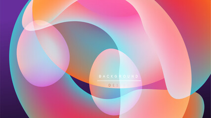 Abstract colorful shapes overlap, creating vibrant gradients. Background is black, design feels modern, fluid.