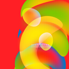 Vibrant abstract shapes overlap. Colors blendred, yellow, green, blue. Modern design evokes energy, movement, positivity.