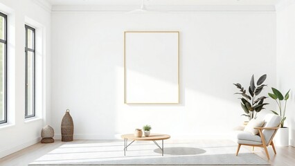 Fototapeta premium Bright modern living room with tall mirror and cozy armchair