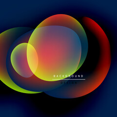 Vibrant overlapping circles create abstract colorful background. Dark hues contrast bright gradients, forming modern design element.