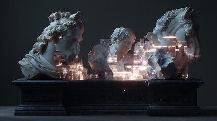renaissance sculpture, half realistic marble, half broken into neon glitch shards and pixel dust, surreal composition, intricate lighting 