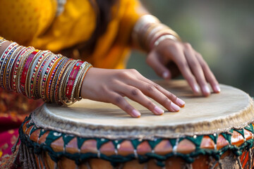 Close up of a woman's hands playing a traditional ethnic drum. Folk instrument performance promoting rhythmic music culture.