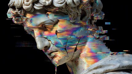 roman marble bust, cracked and eroded by glitch waves, shimmering pixel fragments floating away, hyper-realistic texture, vibrant glitch art aesthetic 