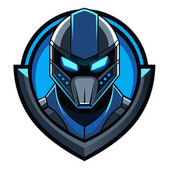 Side-Facing Cyber Warrior Helmet with Glowing Accents in a Digital Blue-Black Circuitry Badge