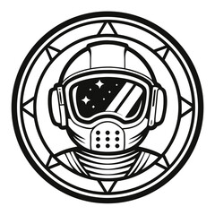 Vintage Astronaut Helmet Badge in Black-and-White Line Art with Clean Circular Contours