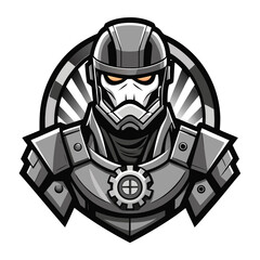 Bold Grayscale Combat Trooper Bust with Digital Camo Fill and Side Gear Icons