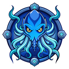 Symmetrical Blue Octopus with Glowing Eyes in Silver-Outlined Fantasy Badge