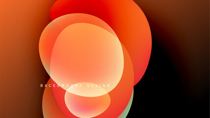 Abstract orange shapes overlap black background. Gradient colors create modern visual effect. Simple design, dynamic composition.