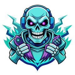 Aggressive Esports Skull Mascot with Game Controller in Neon Cyan, Surrounded by Motion Streaks and Icons