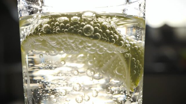 Close Up of Refreshing Tonic Water with Lime Slices in Tall Clear Glass Showcasing Sparkling Bubbles and Freshness Perfect For Decoration and Summertime with Rotation and Low Angle View