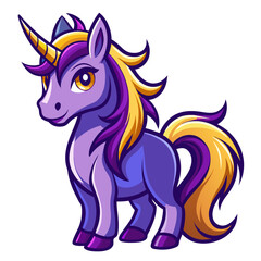 Fantasy Unicorn Mascot with Purple Mane, Golden Horn, and Fierce Eyes in Bold Cartoon Shading