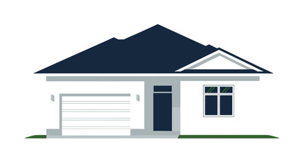 Charming modern house with a dark blue roof and crisp white exterior, featuring a garage and a single window