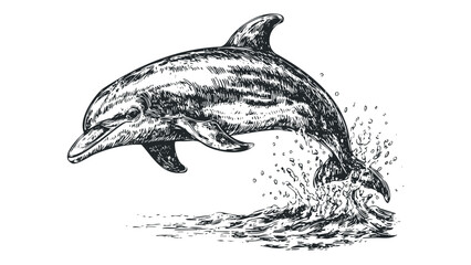 Fototapeta premium Line art dolphin jumping out of water splash black and white sketch. Vector hand drawn illustration