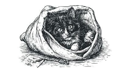 Fluffy Kitten Peeking Out of a Canvas Bag. Vector hand drawn illustration