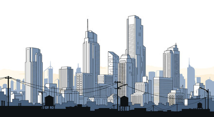 Fototapeta premium Modern city skyline with towering skyscrapers and urban infrastructure, capturing dynamic city life and growth