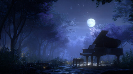 満月が照らす森に置かれたグランドピアノ